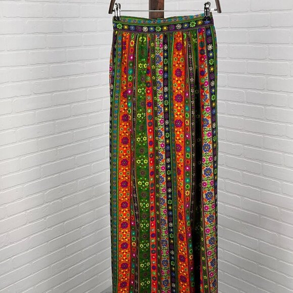 Handmade Skirt‎ Women XSmall Green Orange Floral Gypsy Peasant Stripe Maxi VTG - Picture 1 of 11